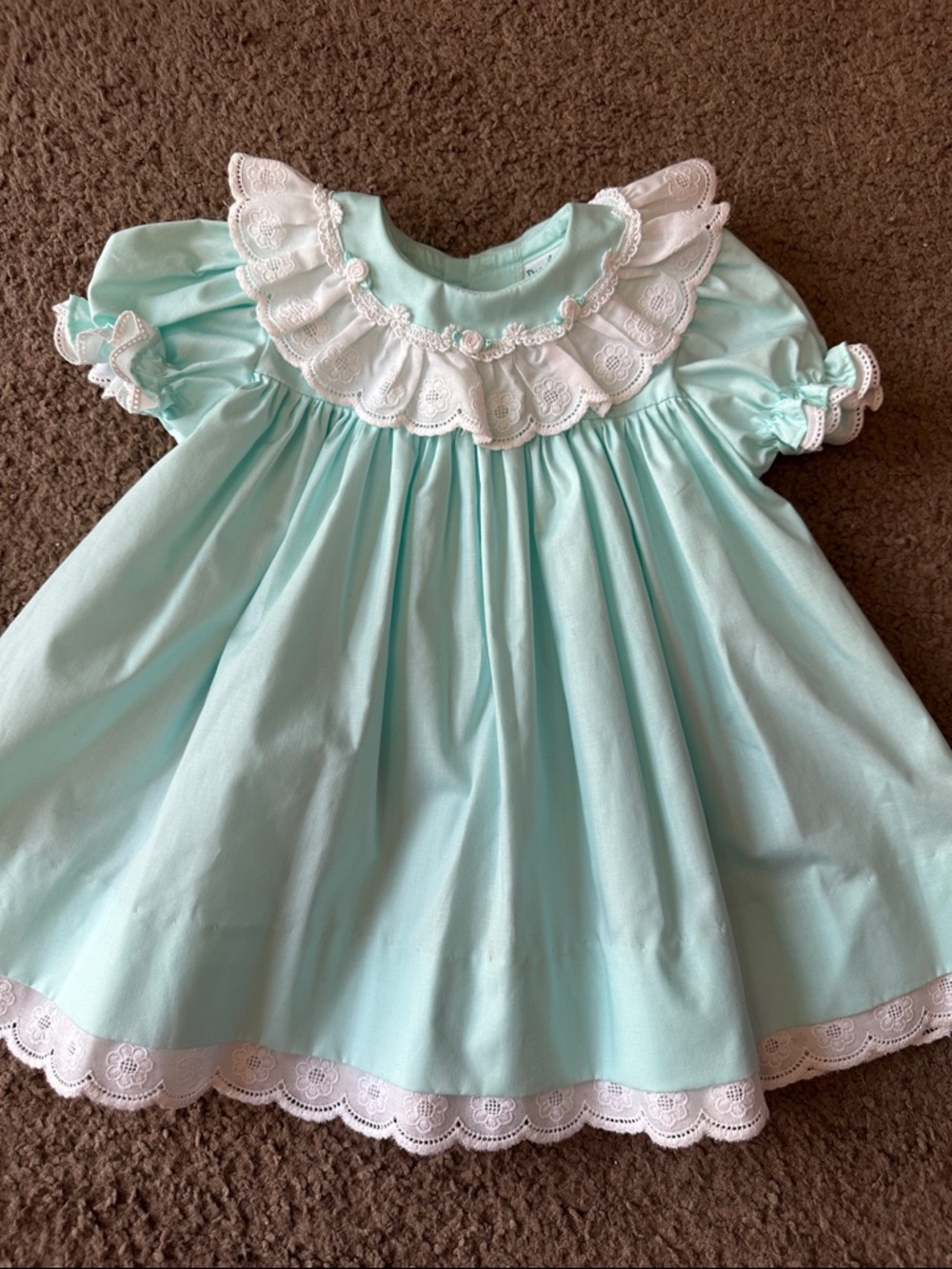 Vintage Peaches & Cream Mint Blue Baby Dress with White Eyelet Lace